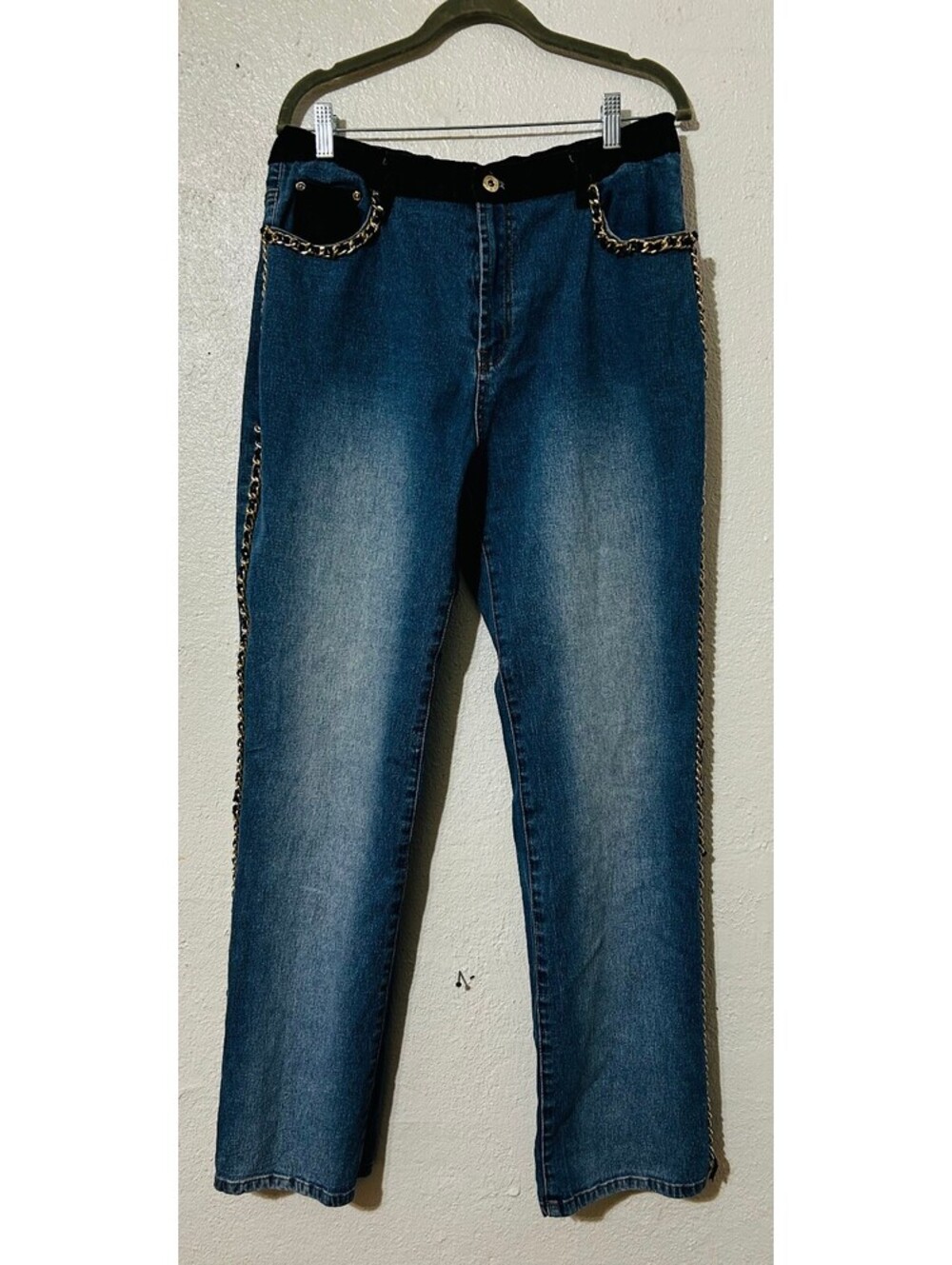 DG Diane Gilman Jeans Women Gold Chain Link Side Stripe Loose size 14/L